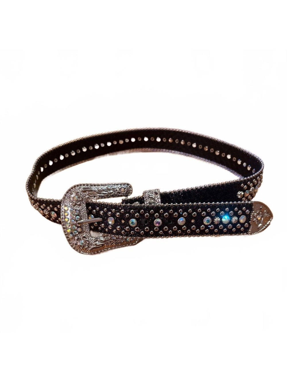 Black Studded Belt with Rhinestone Accents and Decorative Buckle